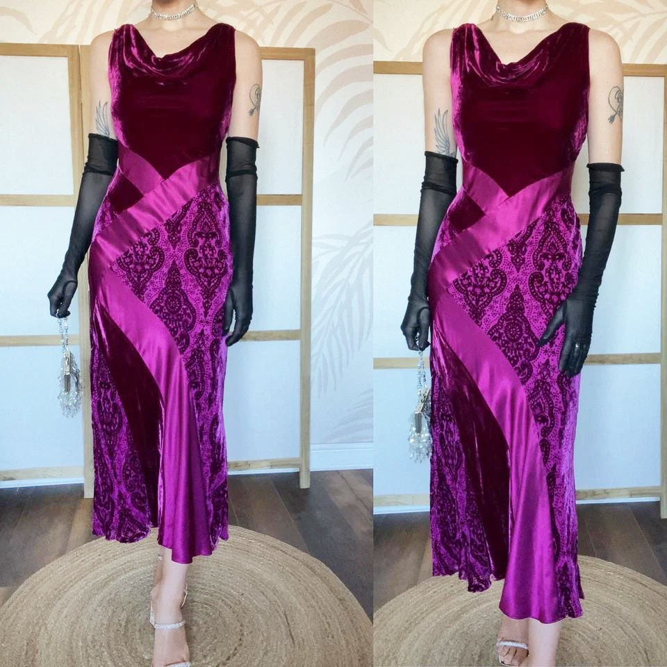 Silk blend dark pink velvet & satin slip dress UK 12-14