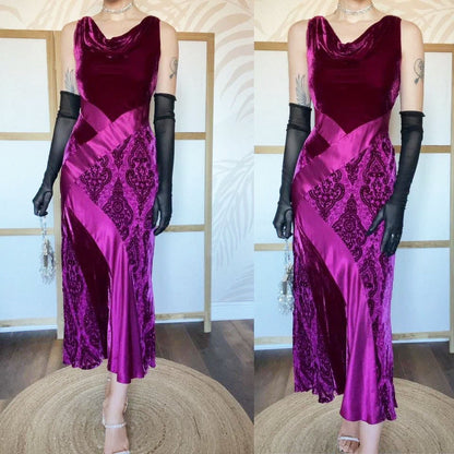 Silk blend dark pink velvet & satin slip dress UK 12-14