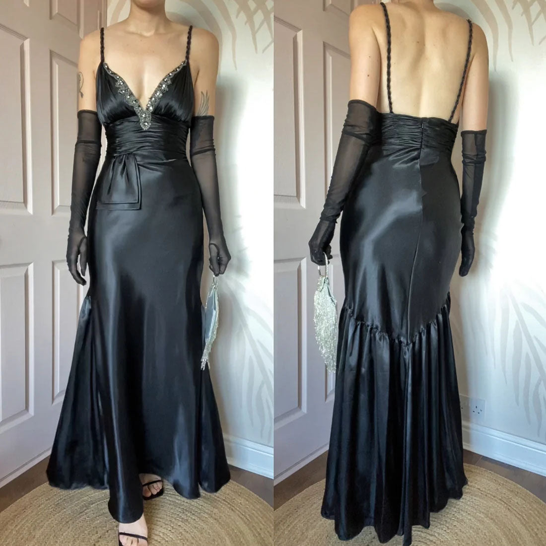 Dave & Johnny 90s Black Satin Evening Gown Prom Dress UK Size 8, 10 & 14