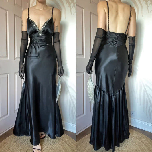 Dave & Johnny 90s Black Satin Evening Gown Prom Dress UK Size 8, 10 & 14