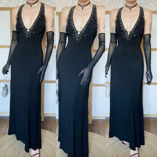 Black stretch 90s beaded evening gown UK 12