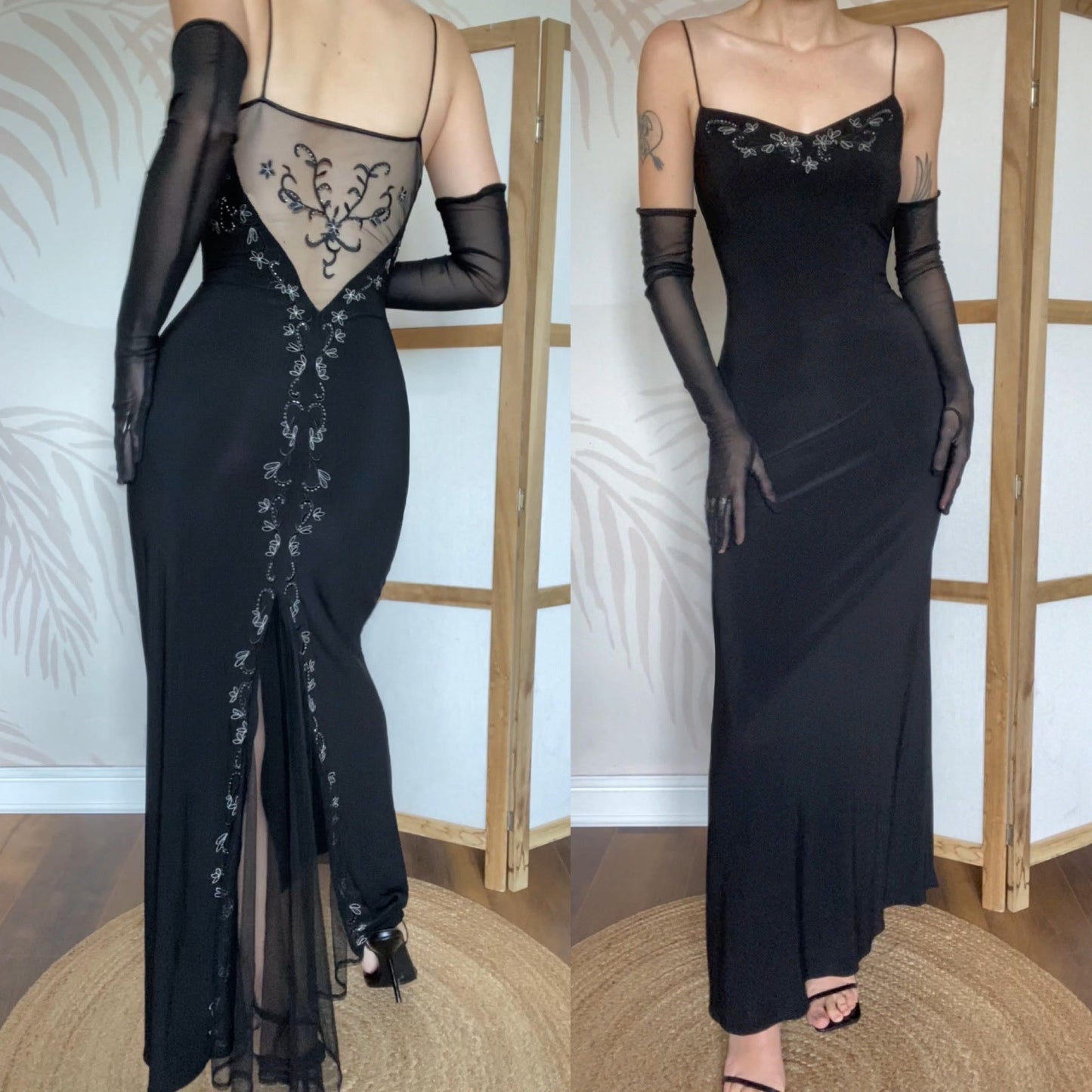 Black 90s stretch floral embroidered evening dress UK 14