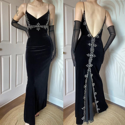 Black Vintage 90s Dave & Johnny Velvet Beaded Evening Gown UK Size 12 & 16