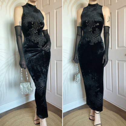 Velvet stretch bodycon high neck evening dress UK 8-10