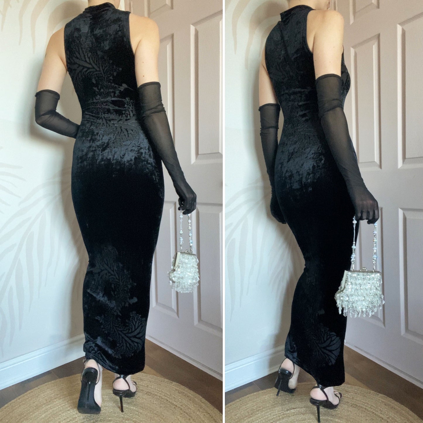 Velvet stretch bodycon high neck evening dress UK 8-10