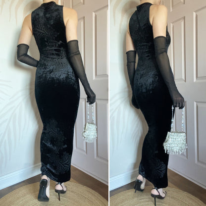 Velvet stretch bodycon high neck evening dress UK 8-10