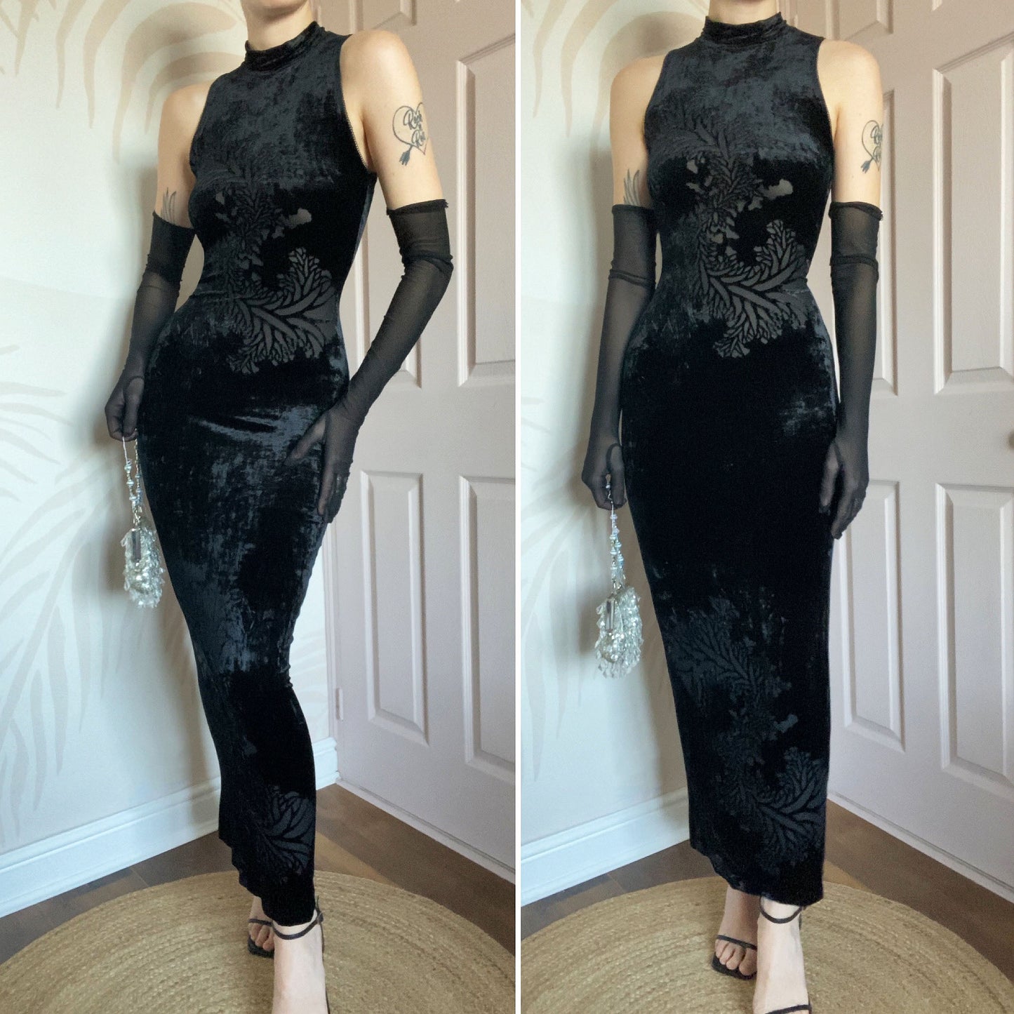Velvet stretch bodycon high neck evening dress UK 8-10