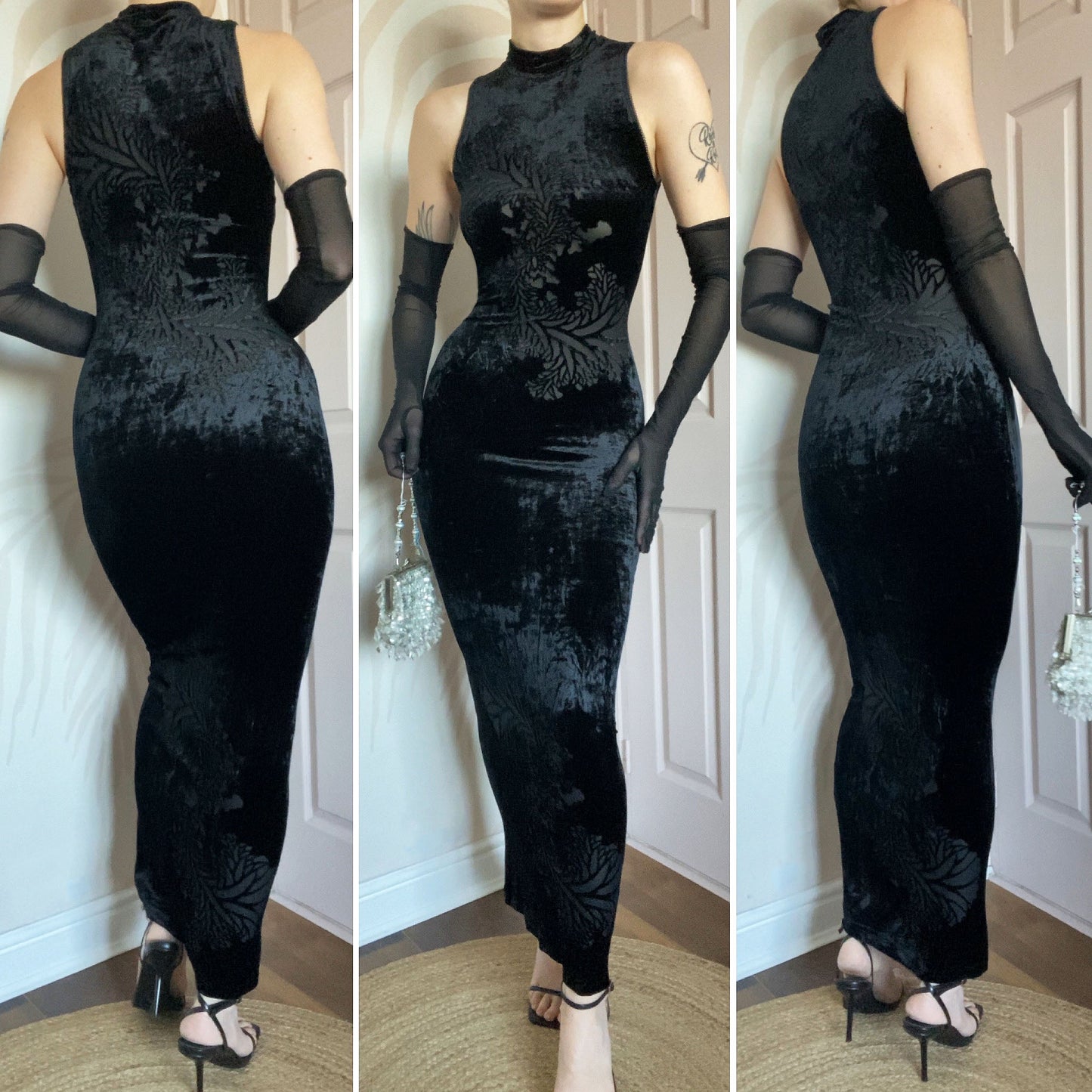 Velvet stretch bodycon high neck evening dress UK 8-10
