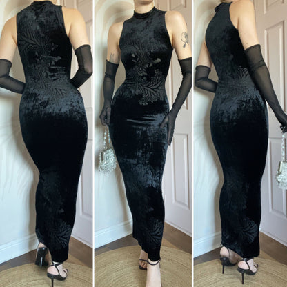 Velvet stretch bodycon high neck evening dress UK 8-10
