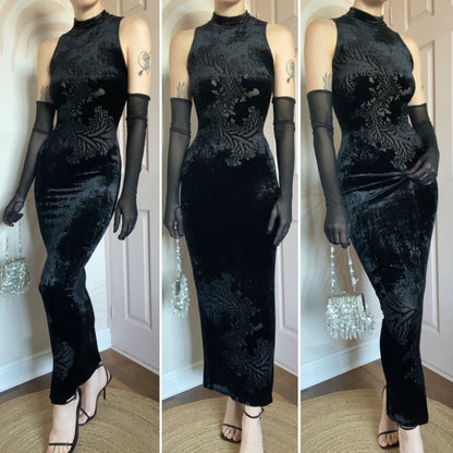 Velvet stretch bodycon high neck evening dress UK 8-10