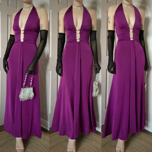 Yve London low cut purple stretch evening gown UK 10