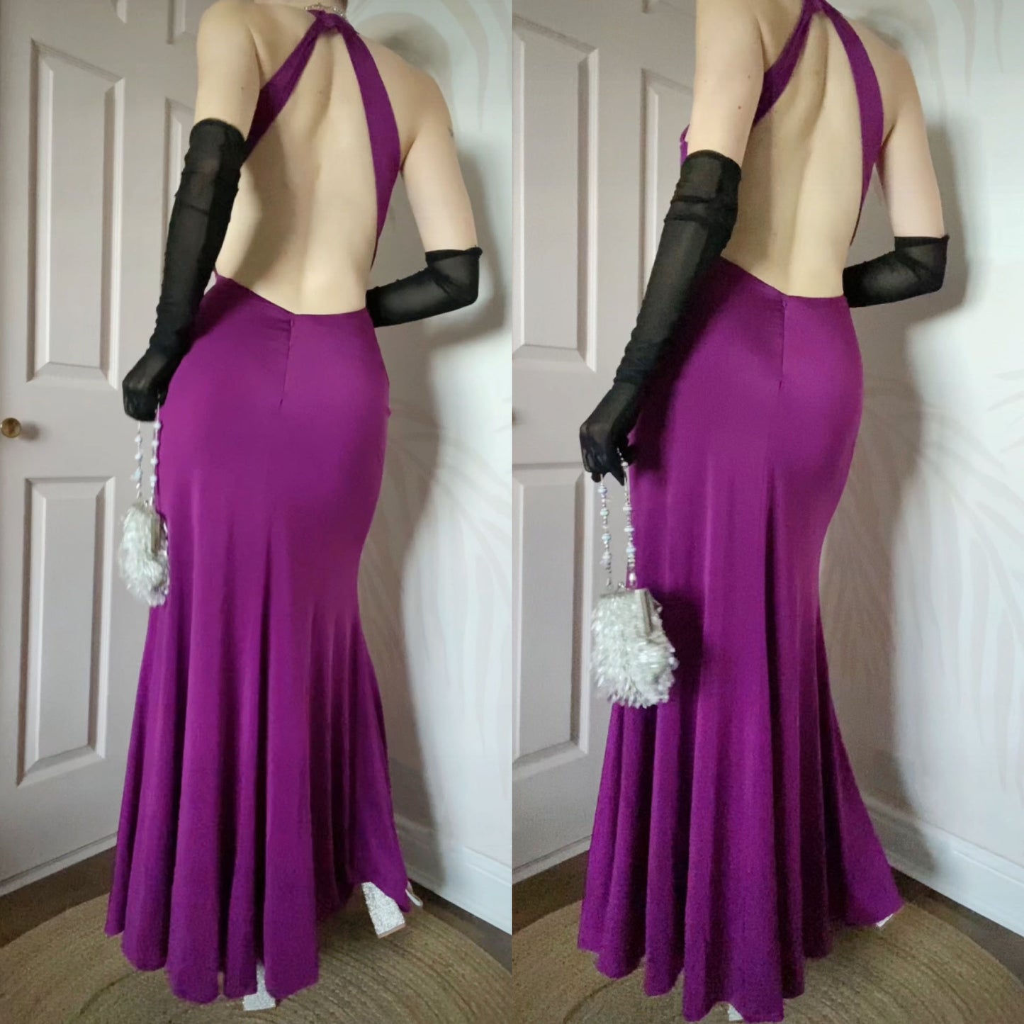 Yve London low cut purple stretch evening gown UK 10