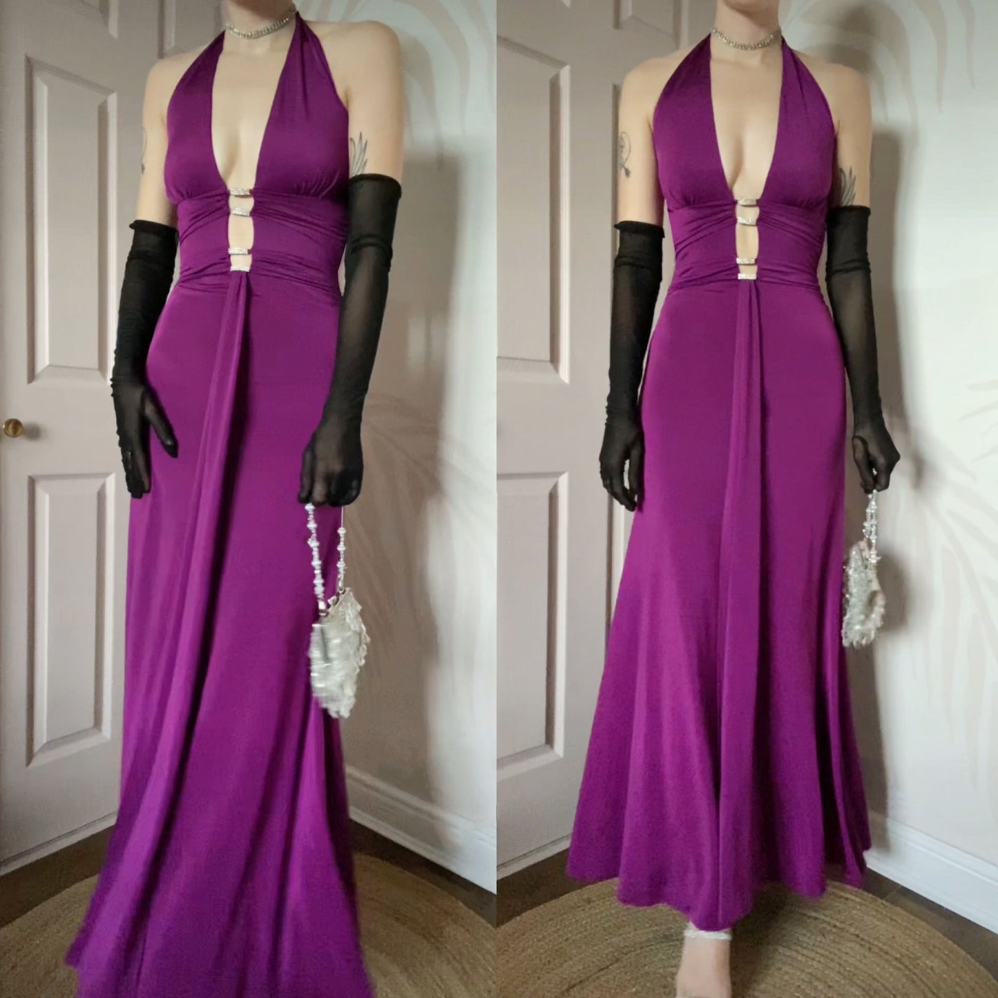 Yve London low cut purple stretch evening gown UK 10