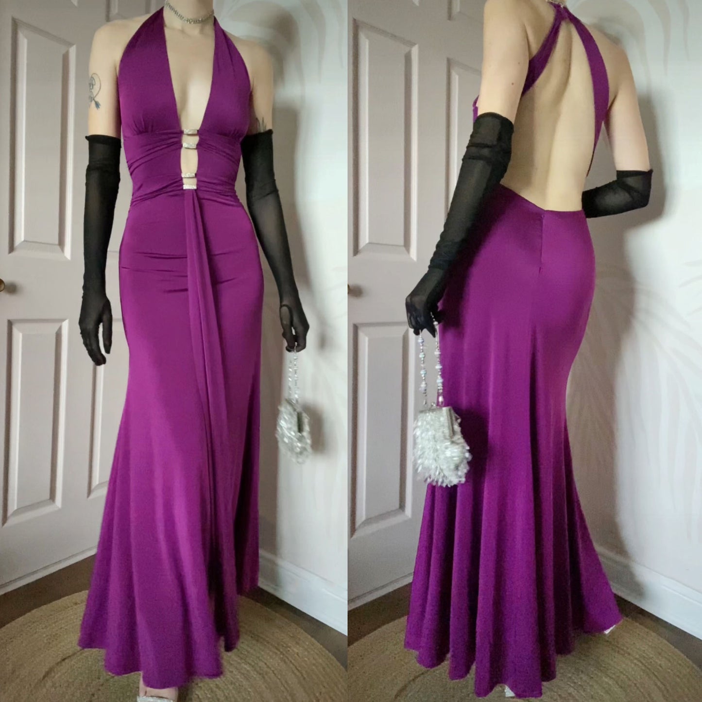 Yve London low cut purple stretch evening gown UK 10