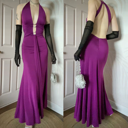 Yve London low cut purple stretch evening gown UK 10