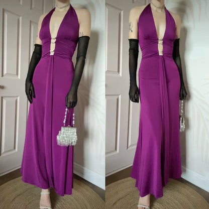 Yve London low cut purple stretch evening gown UK 10