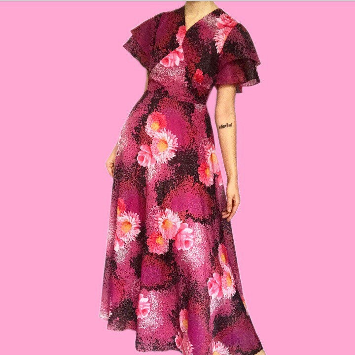 Beautiful vintage 70s pink frill floral print maxi evening dress UK 8