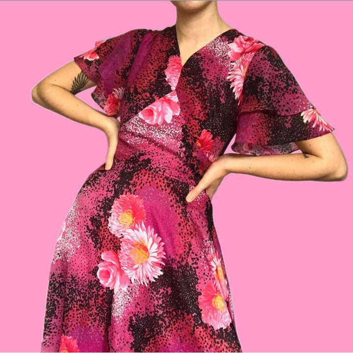 Beautiful vintage 70s pink frill floral print maxi evening dress UK 8
