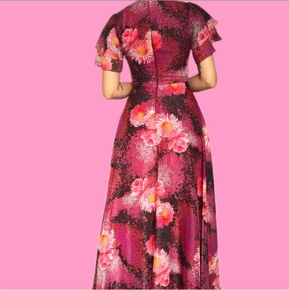 Beautiful vintage 70s pink frill floral print maxi evening dress UK 8