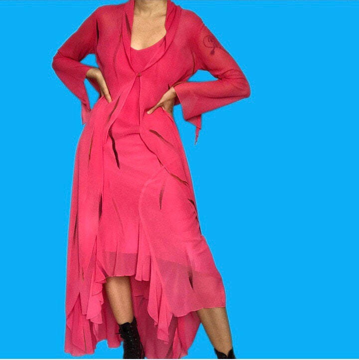 The most beautiful print pink chiffon 2-piece dress/jacket SET UK 12 - Free UK shipping