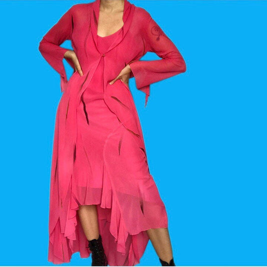 The most beautiful print pink chiffon 2-piece dress/jacket SET UK 12 - Free UK shipping