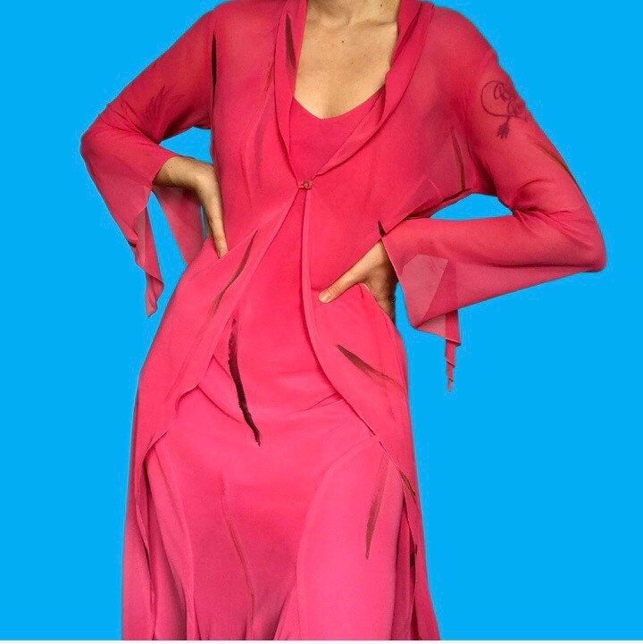 The most beautiful print pink chiffon 2-piece dress/jacket SET UK 12 - Free UK shipping