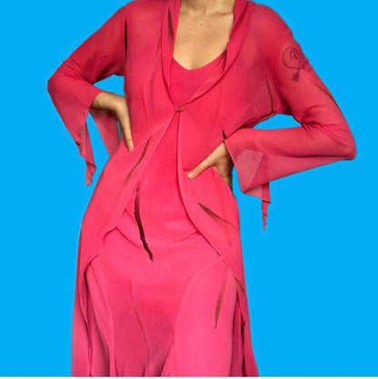 The most beautiful print pink chiffon 2-piece dress/jacket SET UK 12 - Free UK shipping