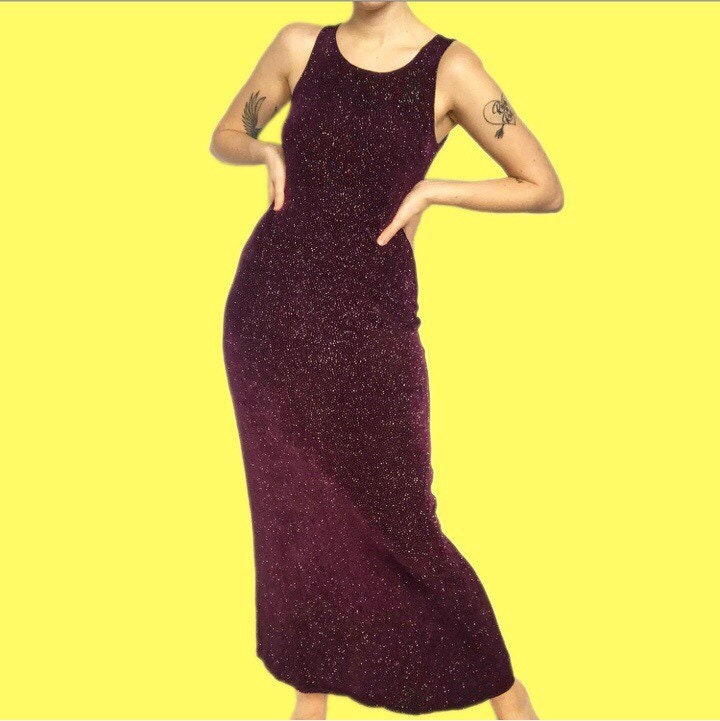 Beautiful glittery Bay Trading dark plum stretch maxi dress UK 10 - Free UK shipping
