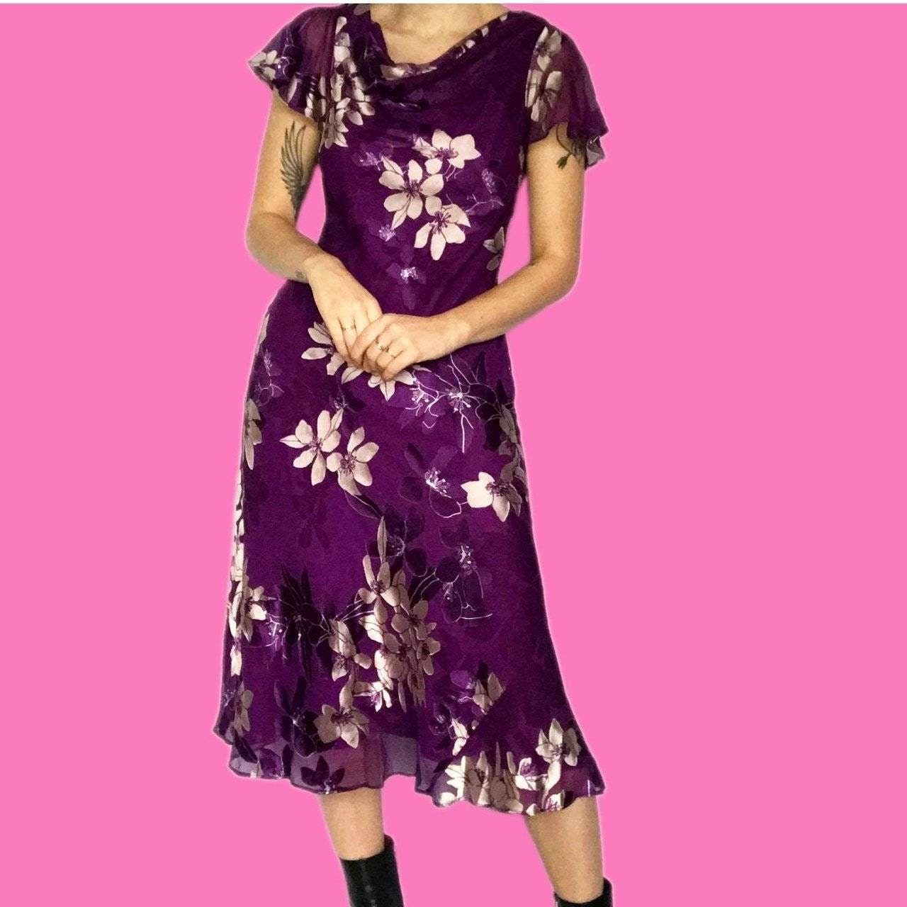 The most beautiful purple silk blend floral midi dress UK S
