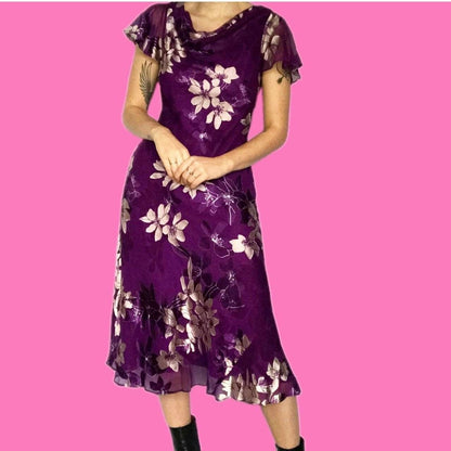 The most beautiful purple silk blend floral midi dress UK S