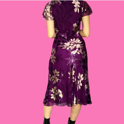 The most beautiful purple silk blend floral midi dress UK S