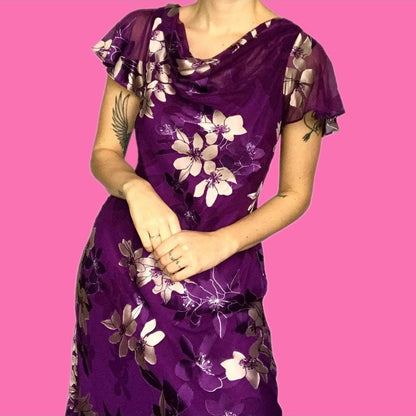 The most beautiful purple silk blend floral midi dress UK S