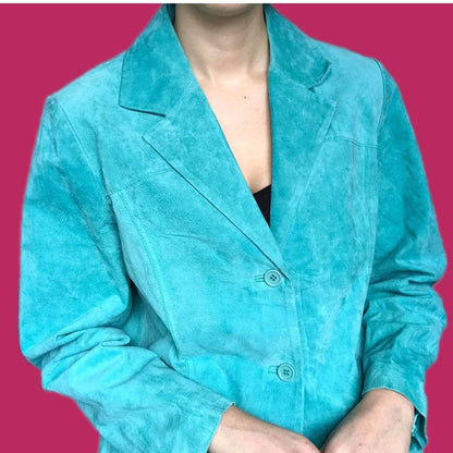 Vintage turquoise 100% real suede leather jacket UK L