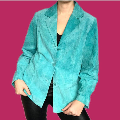 Vintage turquoise 100% real suede leather jacket UK L