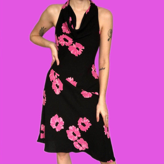 Stunning vintage black & pink floral asymmetrical dress UK 12