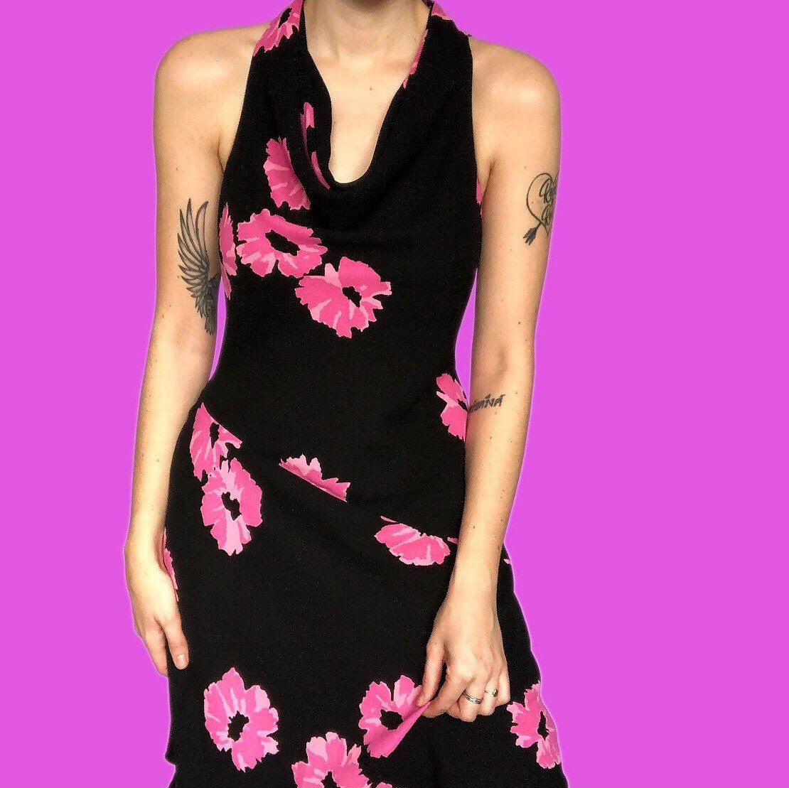 Stunning vintage black & pink floral asymmetrical dress UK 12