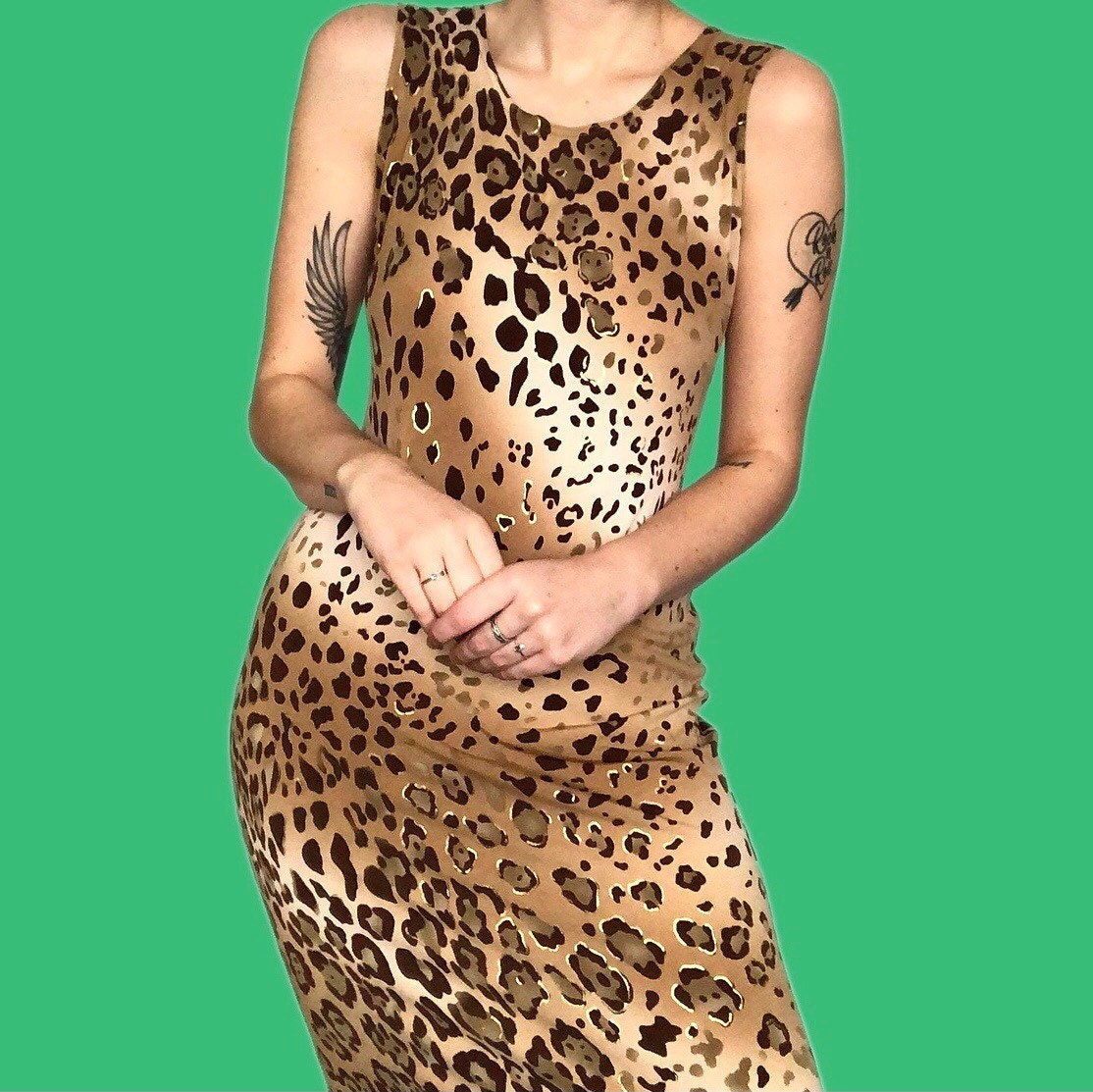 Super cool vintage leopard print stretch midi dress UK 12