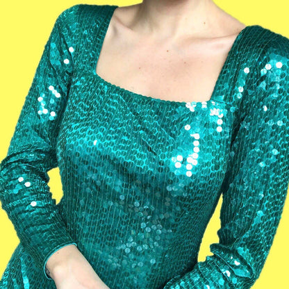 Beautiful vintage aqua sequin long sleeve mini party dress UK 10