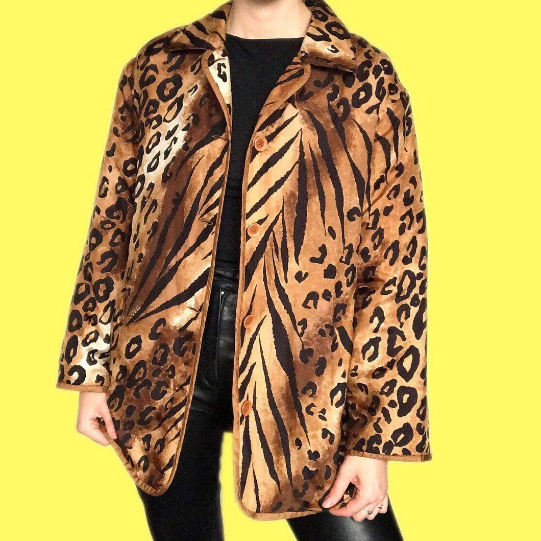 Super cool vintage leopard print 100% silk light jacket UK L
