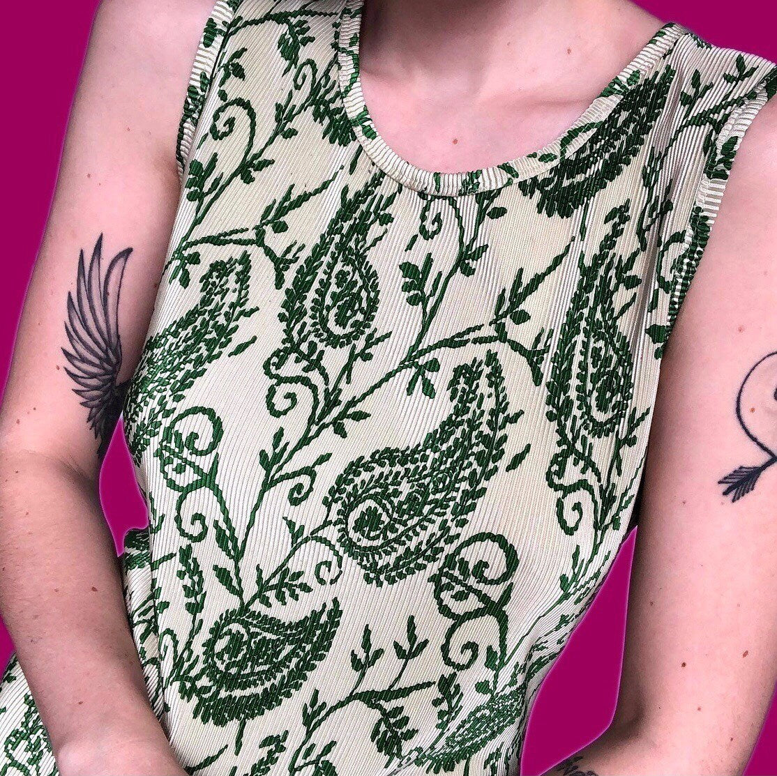 Stunning vintage green paisley print mini dress UK M