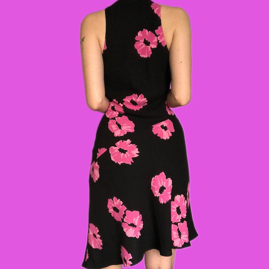 Stunning vintage black & pink floral asymmetrical dress UK 12