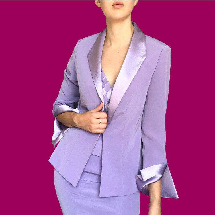 Beautiful vintage John Charles purple 3 piece top/skirt/blazer suit set UK 10