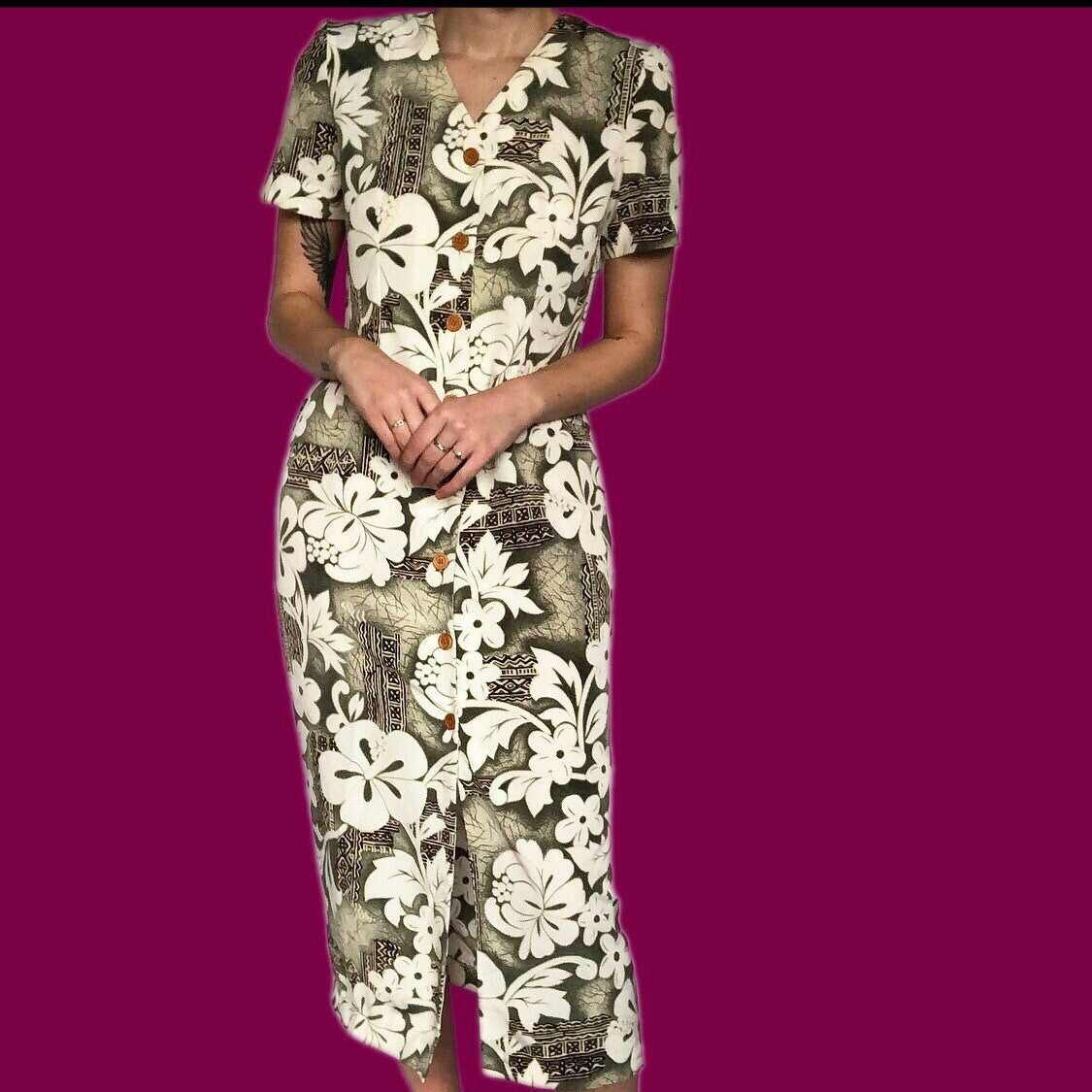 Beautiful vintage green floral Hawaii shirt dress UK 12