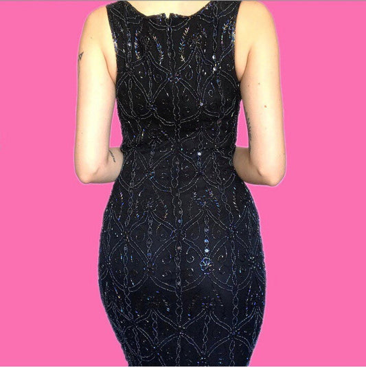 Stunning 100% silk black evening dress with iridescent beading & sequins UK 10