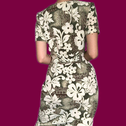 Beautiful vintage green floral Hawaii shirt dress UK 12