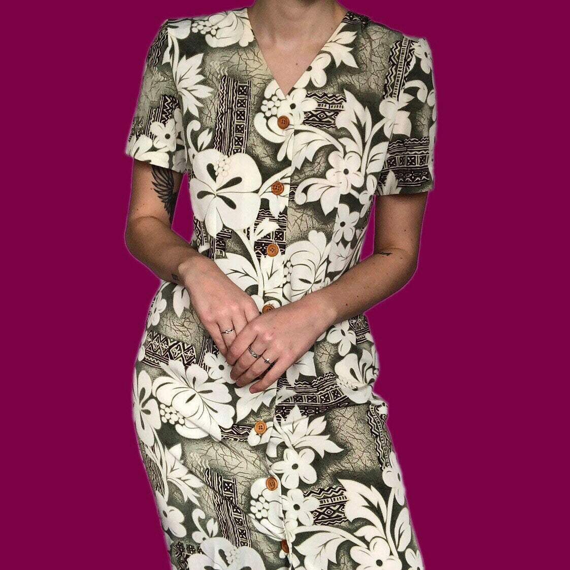 Beautiful vintage green floral Hawaii shirt dress UK 12