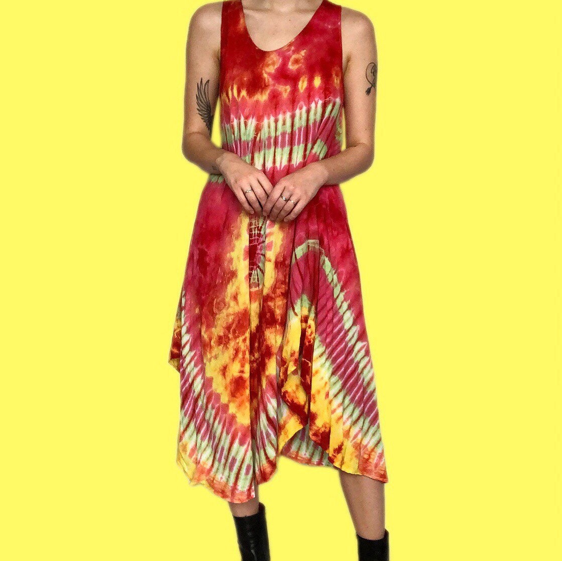 Stunning vintage bright colourful tie dye midi dress UK L