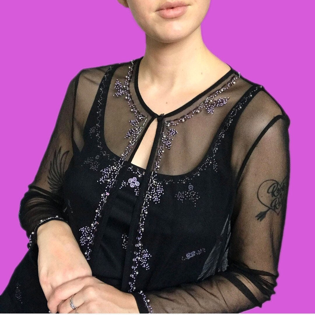 Beautiful vintage black bead detail 2 piece dress/jacket set UK 14