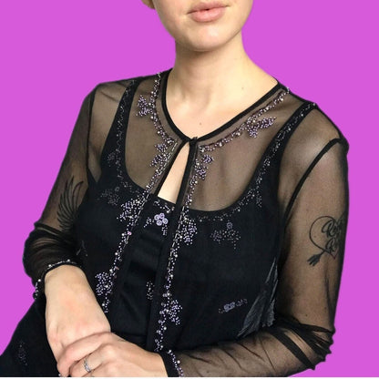 Beautiful vintage black bead detail 2 piece dress/jacket set UK 14