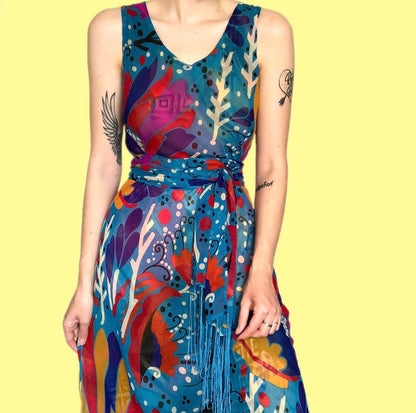 Stunning vintage REVERSIBLE funky print midi dress with matching scarf UK M